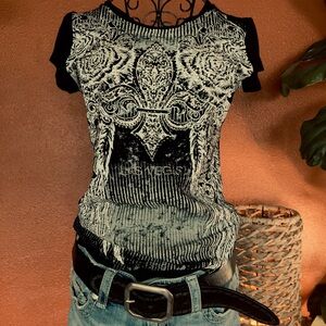 Y2K - XL Youth - Black White T Fleur De Lis Las Vegas Rhinestones Angel Wings